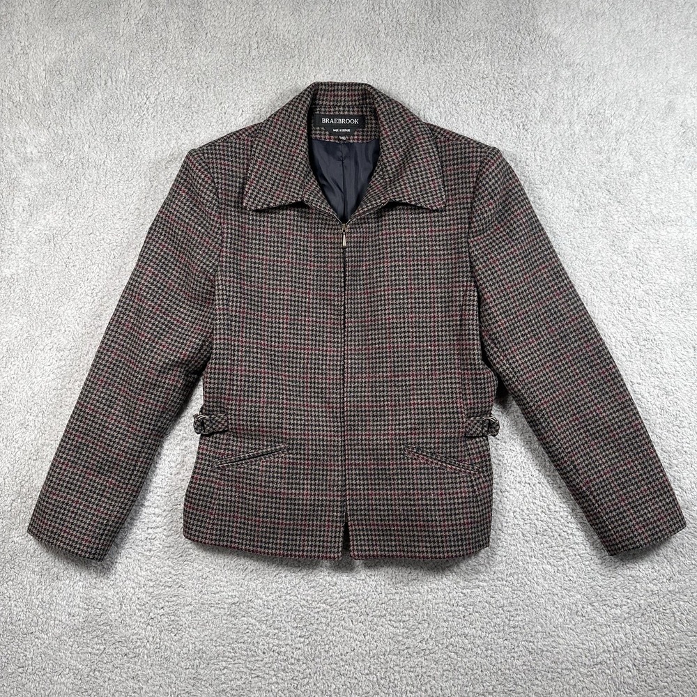 Vintage Braebrook 100% Wool Houndstooth Jacket Brown Tan - Women's Size 9/10